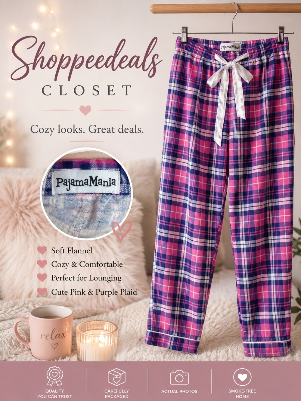 PajamaMania Pink Purple Plaid Flannel Pajama Lounge Pants Drawstring Soft Cozy
